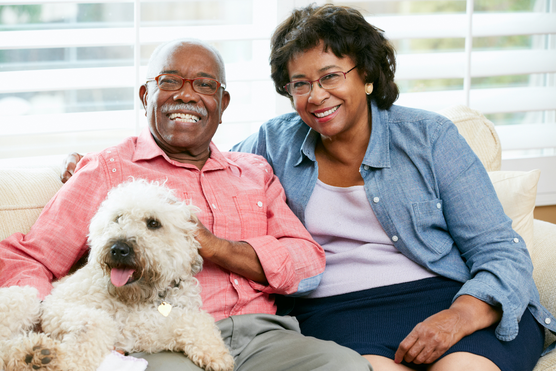 Happy Senior Couple Sitting On Sofa With Dog Smiling To Camera