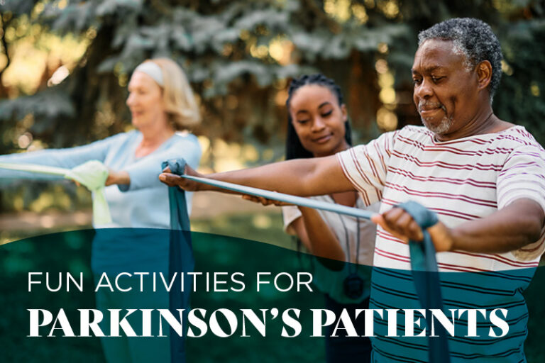 Three people, including an older man, exercise outdoors with resistance bands. The text overlay reads, “Fun Activities for Parkinson’s Patients.” Trees and greenery are visible in the background.