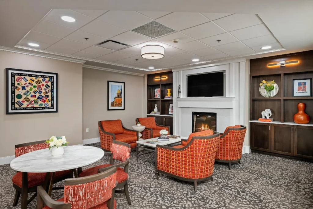Assisted living seating area with fireplace