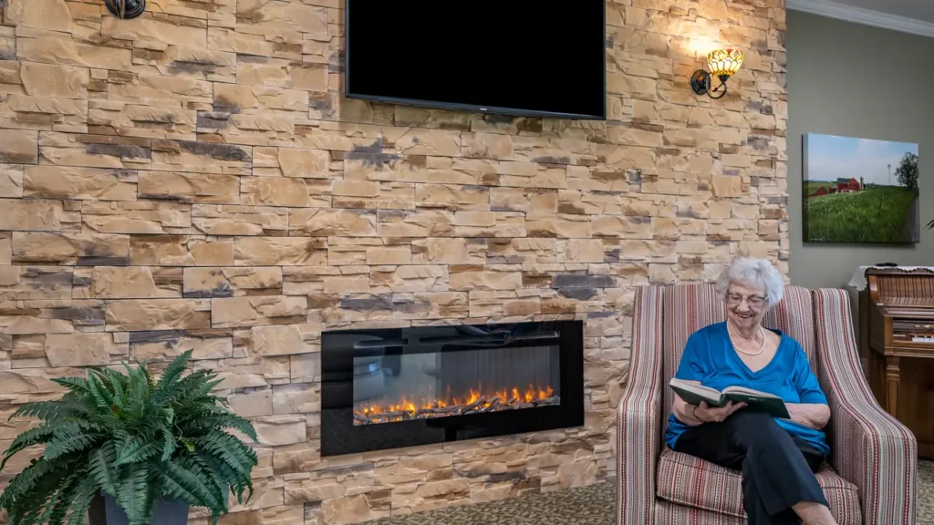 An elderly woman, wearing a blue top and glasses, sits in a striped armchair reading a book by an electric fireplace. The wall behind her has a stone facade, mounted TV, and ambient lighting. A potted plant is on the left.