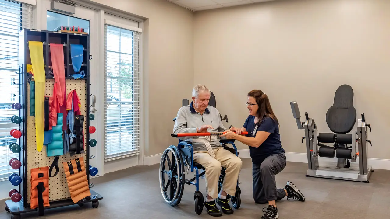 Estoria therapist helping senior male in wheelchair