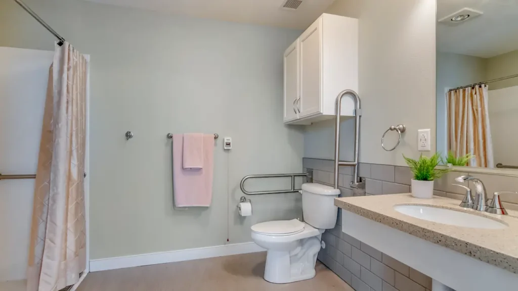An accessible bathroom features a toilet with grab bars, a sink with a lever faucet, and a white storage cabinet above the toilet. A towel rack with a pink towel and a plant on the counter add a touch of color. The shower area, with a curtain, is partially visible.