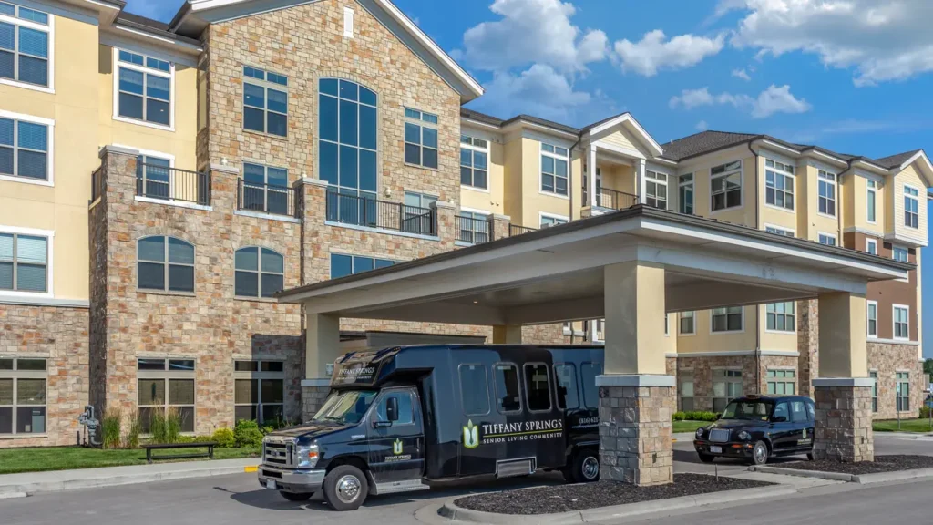 Tiffany Springs front exterior and transportation vehicles for residents