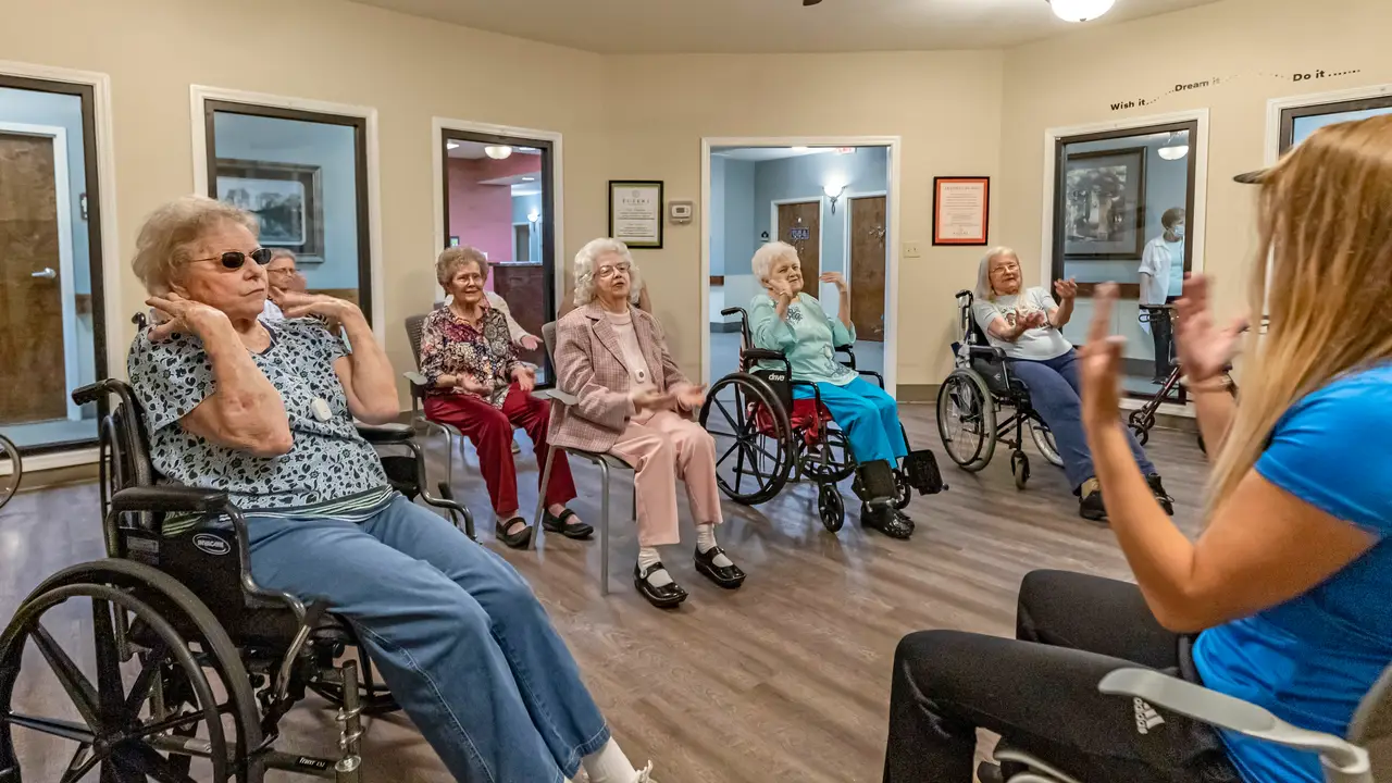 Wesley exercise class with senior residents and staff