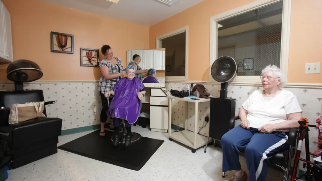 A hair salon scene with a hairdresser styling an elderly woman's hair. The elderly woman, wearing a purple cape, is seated in a salon chair. Another elderly woman wearing glasses and blue pants sits in a waiting area. The room has peach and white walls.