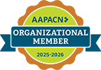 AAPACN Organizational Member badge for 2025-2026, featuring a green circle with blue text on an orange and dark teal background—perfect for displaying pride at your Rehabilitation & Health Care Center.