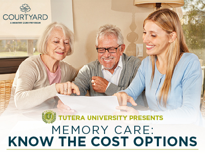 An older woman and man sit at a table with a younger woman, all smiling and looking at documents. The image promotes a Tutera University presentation on memory care cost options, with a Courtyard Memory Care Program logo.
