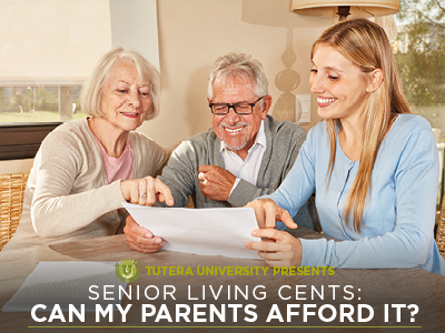 An older couple and a younger woman sit at a table, smiling and reviewing documents together. Text on the image reads: “Senior Living Cents: Can My Parents Afford Assisted Living in Prairie Village KS? Tutera University Presents.”.