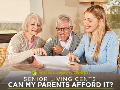 Three people sit at a table, smiling and reviewing documents. An older couple with glasses is joined by a younger woman with long blonde hair. Text reads: 