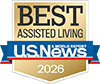 A gold badge with the text "Best Assisted Living," a blue and white "U.S. News & World Report" ribbon, and the year "2026" at the bottom.