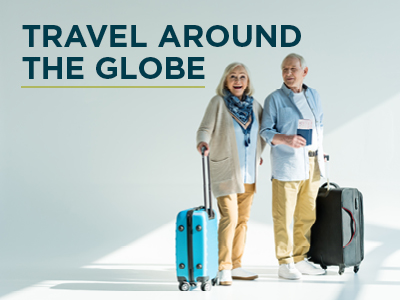 Two smiling older adults stand with suitcases and passports, ready to travel, beneath text that says