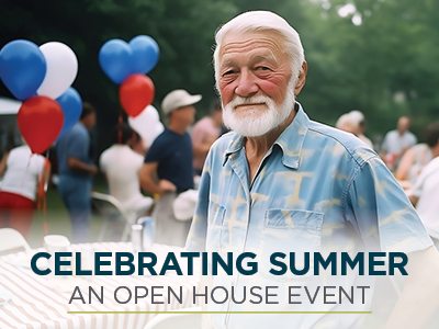 An older man with white hair and beard smiles outdoors at a summer Senior Living event, with balloons and people in the background. Text reads: