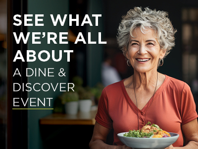 Smiling woman with short gray hair holds a bowl of food. Text reads, 