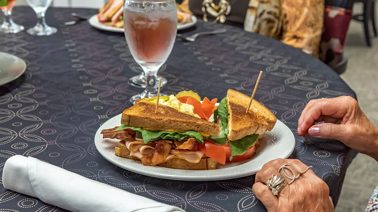 Club sandwich with potato salad on a beautiful table cloth in dining room