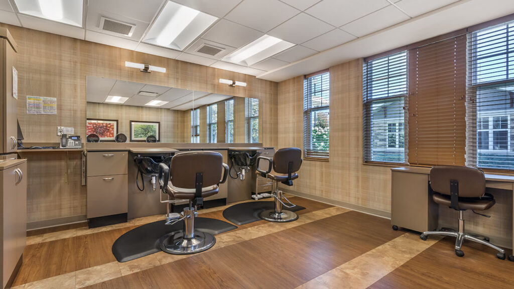 A modern salon room with two brown salon chairs facing a large mirror, countertops with hair styling tools, wooden floors, beige walls, and large windows with blinds letting in natural light.