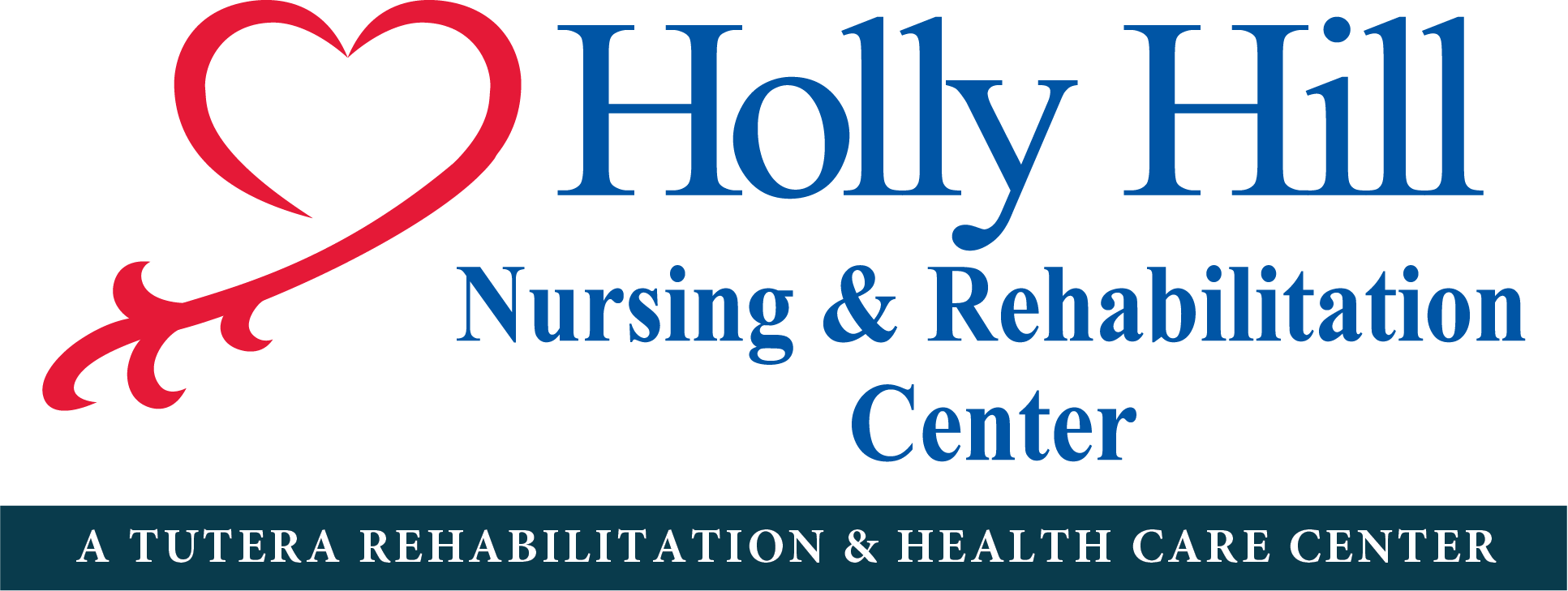 Logo for Holly Hill Nursing & Rehabilitation Center. The design includes a stylized red heart with an extended flourish on the left, beside blue text that says 