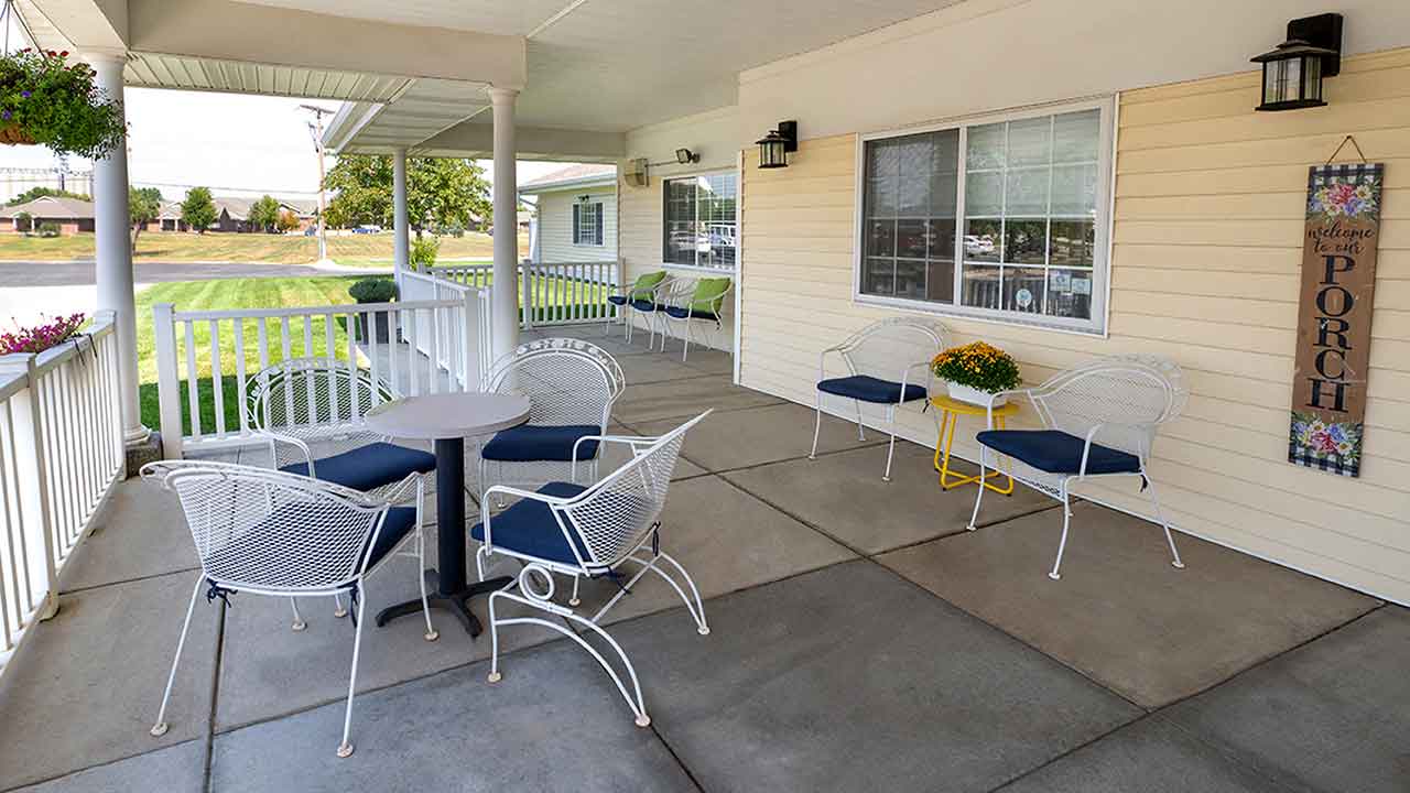 Pathfinder Senior Living, covered porch with comfortable seating