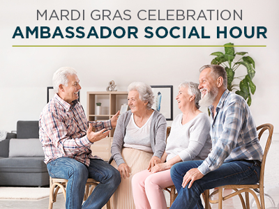 Four smiling seniors sit together on chairs in a bright living room, having a lively conversation. Text above them reads,