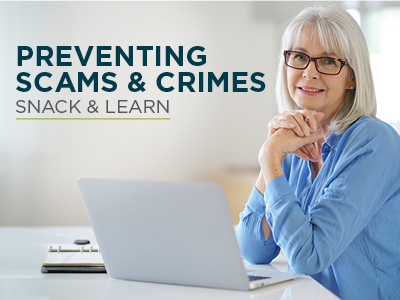 An older woman with gray hair and glasses sits at a desk in a Senior Living community, smiling as she uses her laptop and takes notes. Text reads: 