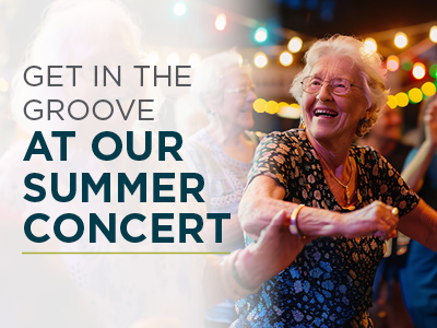 Smiling elderly woman dancing at an outdoor event with string lights in the background. Text reads: 
