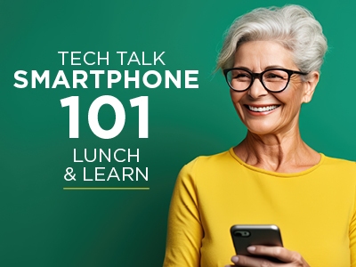 Smiling older woman with gray hair and glasses, holding a smartphone against a green background. Text on the image reads 