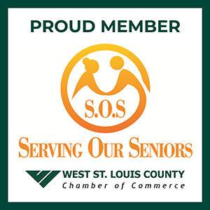 Logo for "Serving Our Seniors" featuring two stylized figures and S.O.S., plus text: "Proud Member. Serving Our Seniors. West St. Louis County Chamber of Commerce. Supporting Senior Living in Chesterfield, MO.