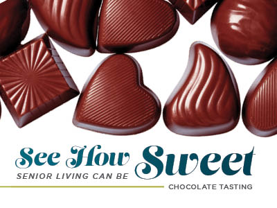 Assorted chocolate candies, including heart shapes, arranged above text that reads “See How Sweet Senior Living Can Be—Chocolate Tasting” at Charlestown Senior Living Community.