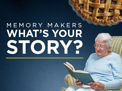 An elderly woman in a light blue sweater sits and reads a book. Above her, text reads 