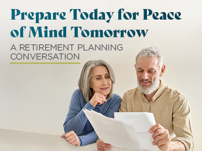 An older couple sits together, smiling and reviewing documents. Text above them reads,