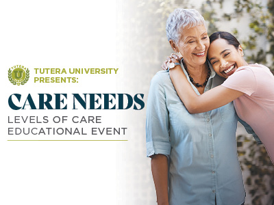 Two women, one older and one younger, smiling and hugging outdoors. Text reads: