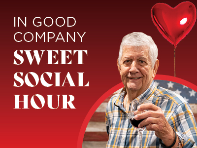 Elderly man smiling and holding a glass of red wine against a red background with a heart-shaped balloon. Text reads 