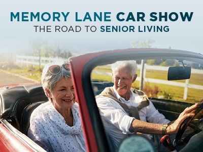 An older woman and man smile while sitting in a red convertible car. Text above reads, 