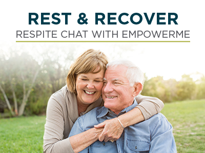 An older woman hugs an older man from behind as they sit together outside, both smiling. Text above them reads, 