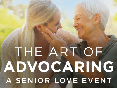 A senior woman and a younger woman share a warm moment, smiling at each other outside an assisted living facility. The text on the image reads: 