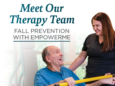A smiling female therapist stands beside an older man using a yellow exercise bar. Text above them reads,