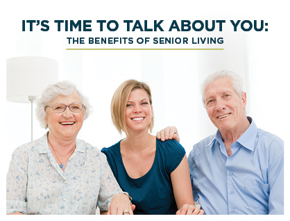 Three people—an elderly woman, a younger woman, and an elderly man—smile while sitting together. Text above them reads, 