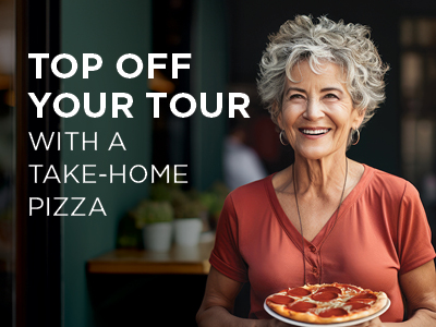 Smiling older woman holding a small pepperoni pizza. Text on the image reads, 