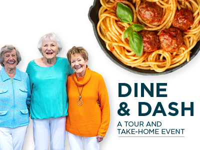 Three smiling older women stand together beside a skillet of spaghetti and meatballs. Text reads: 