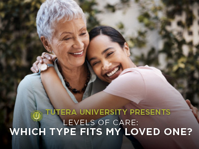 An older woman and a younger woman smile and embrace outdoors. Overlaid text reads: 