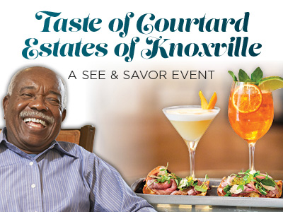Smiling older man sits next to a tray with two colorful cocktails and small appetizers. Text above reads, “Taste of Courtyard Estates of Knoxville: A See & Savor Event.”.