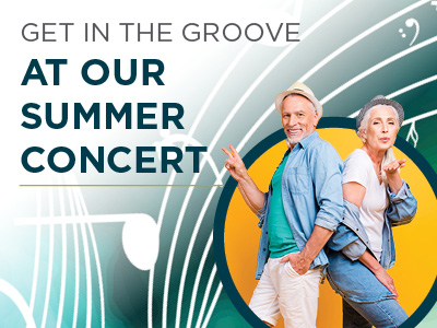 Two older adults in casual summer outfits stand back-to-back, smiling and making peace signs, with the text “Get in the Groove at our Assisted Living Muskogee Summer Concert” on a colorful musical background.