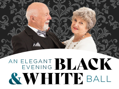 An older couple dressed formally smiles and dances together. The text reads, 