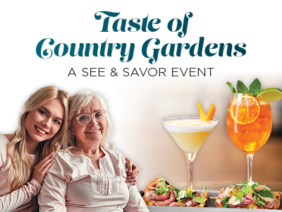 Two women, one older and one younger, smile together beside images of two cocktails and appetizers. Text above reads: