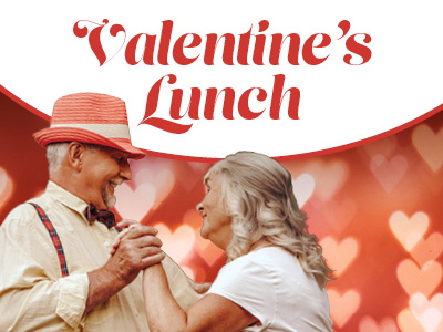 An elderly couple holding hands and smiling at each other, with a background of heart shapes and the words