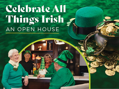 A festive St. Patrick's Day scene with people dressed in green socializing, and a table decorated with a green leprechaun hat, gold coins, and shamrocks. Text reads: