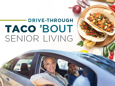 Two smiling men sit in a car, with tacos and fresh ingredients shown above. Text reads, 