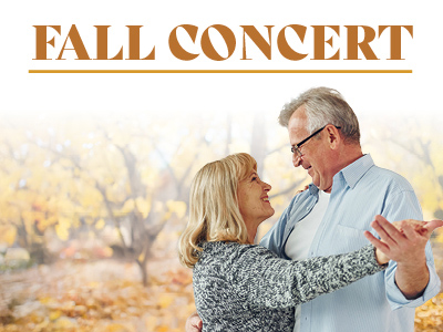 An older couple smiles and dances together outdoors in autumn, with colorful fall leaves in the background. The words