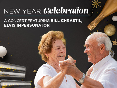An elderly couple smiles and dances together. The background features New Year decorations, confetti, a bottle of champagne, and text promoting a concert by Bill Chrastil, an Elvis impersonator, for a New Year celebration.