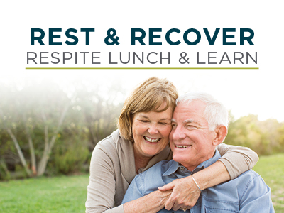 An older woman hugs an older man from behind as they smile outdoors. Text above them reads,