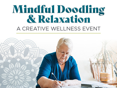 An older woman sits at a table, drawing or writing on paper. Text above reads,